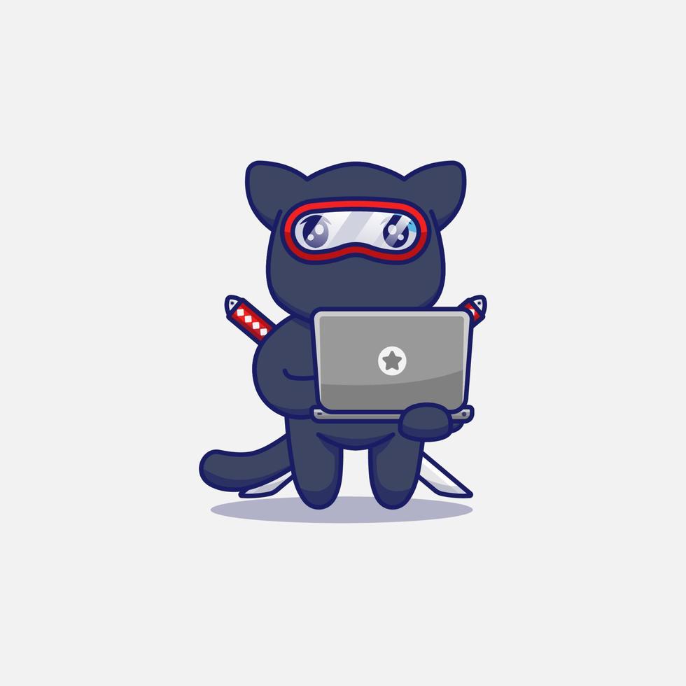 Cute ninja cat carrying a laptop vector