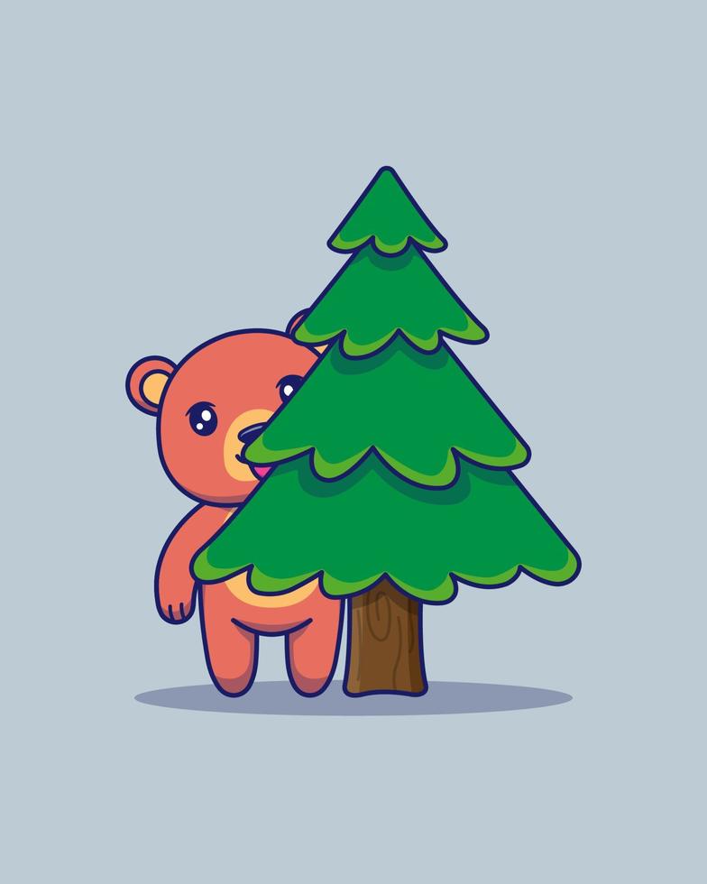 Cute bear hiding behind a tree vector