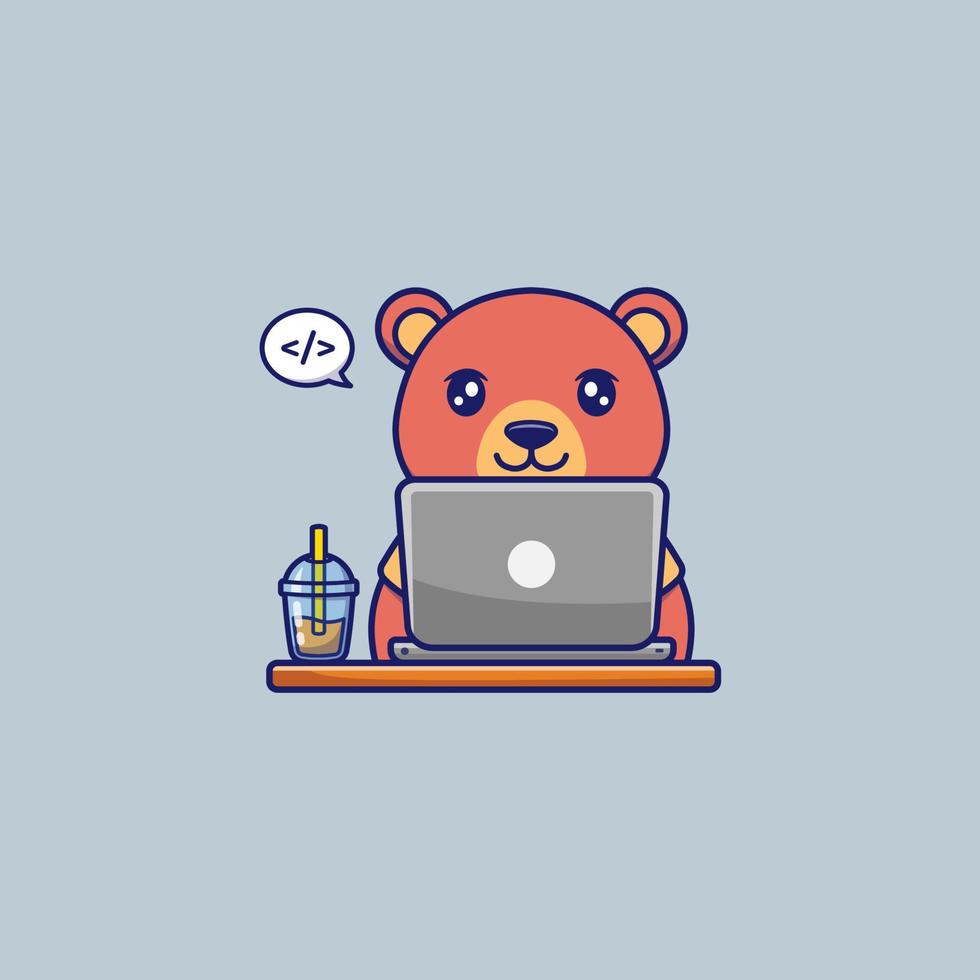 lindo oso trabajando con laptop vector