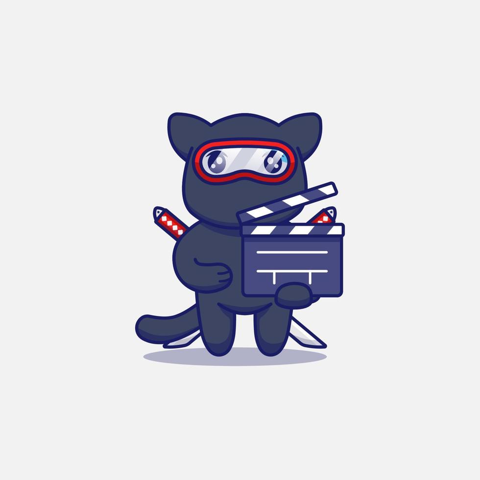 Cute ninja cat carrying clapperboard vector
