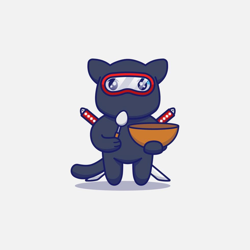 lindo gato ninja con cuchara y tazón vector