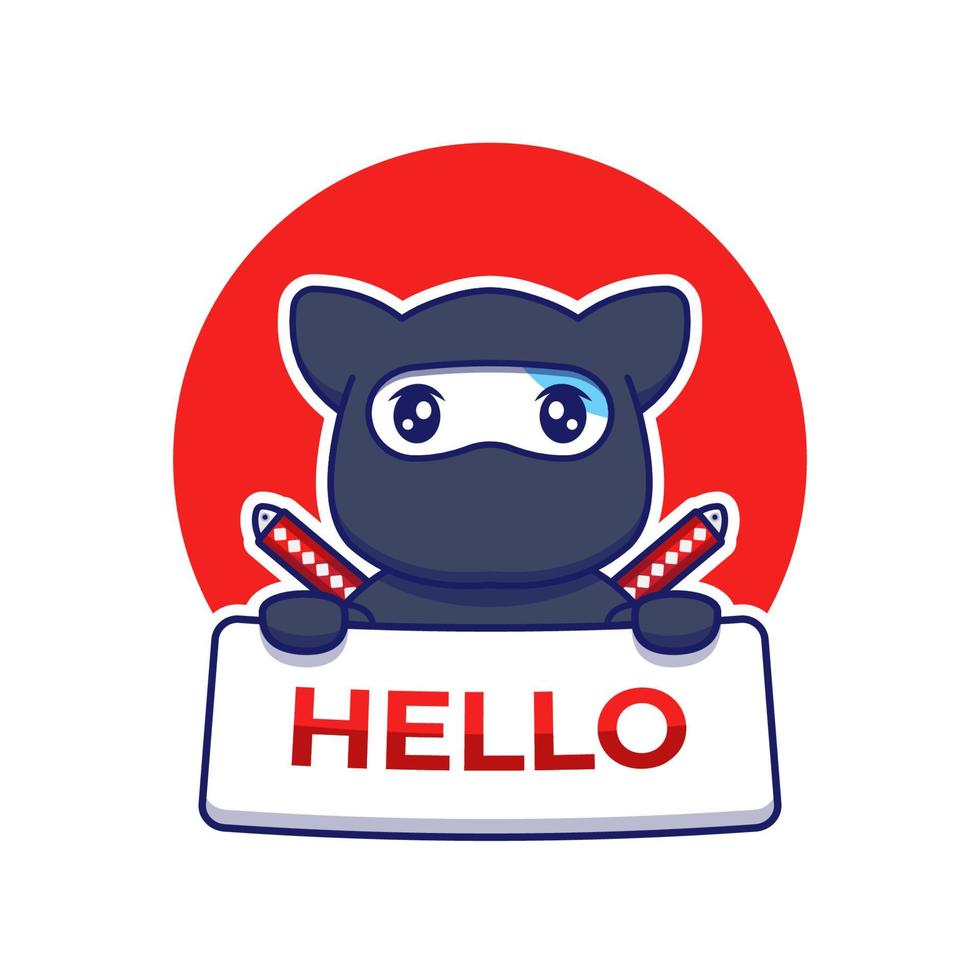 Cute ninja cat carrying hello banner vector