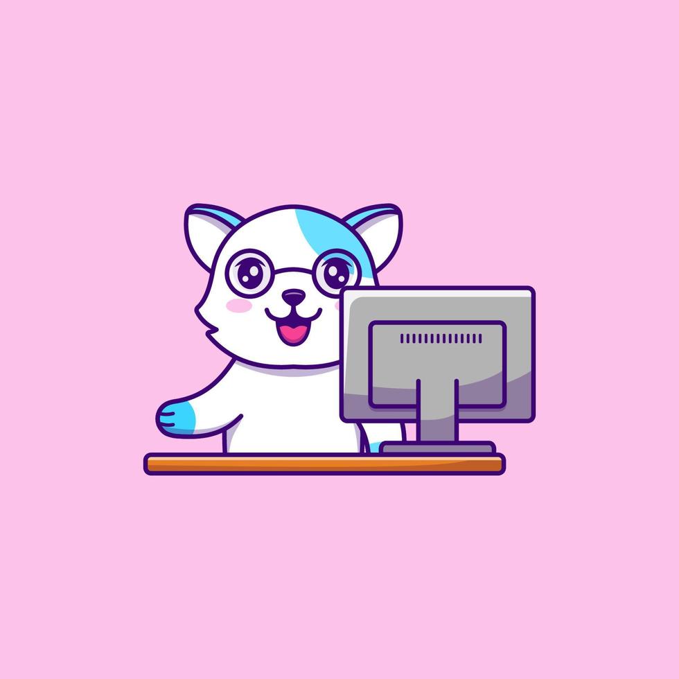 Cute cat working with computer vector