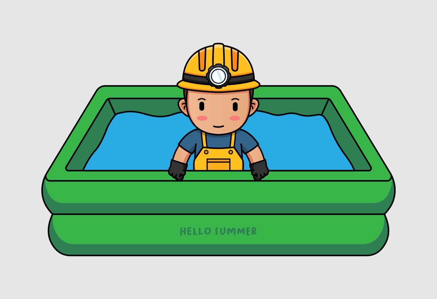 Cute miner swimming with hello summer greeting banner vector