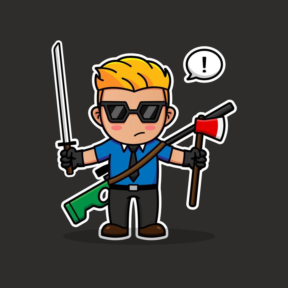 Illustration of man carrying various weapon vector