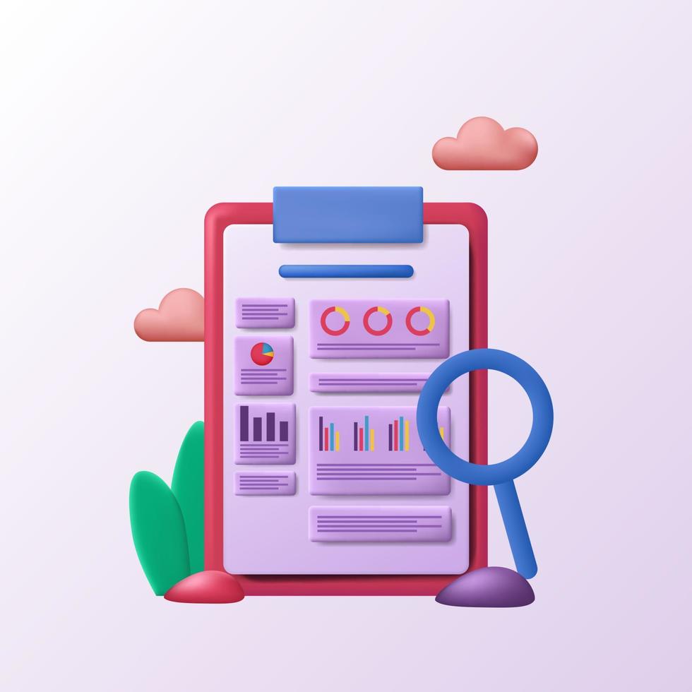 financial data analysis report information for business with 3d icon clipboard and magnifying for economy auditing project vector