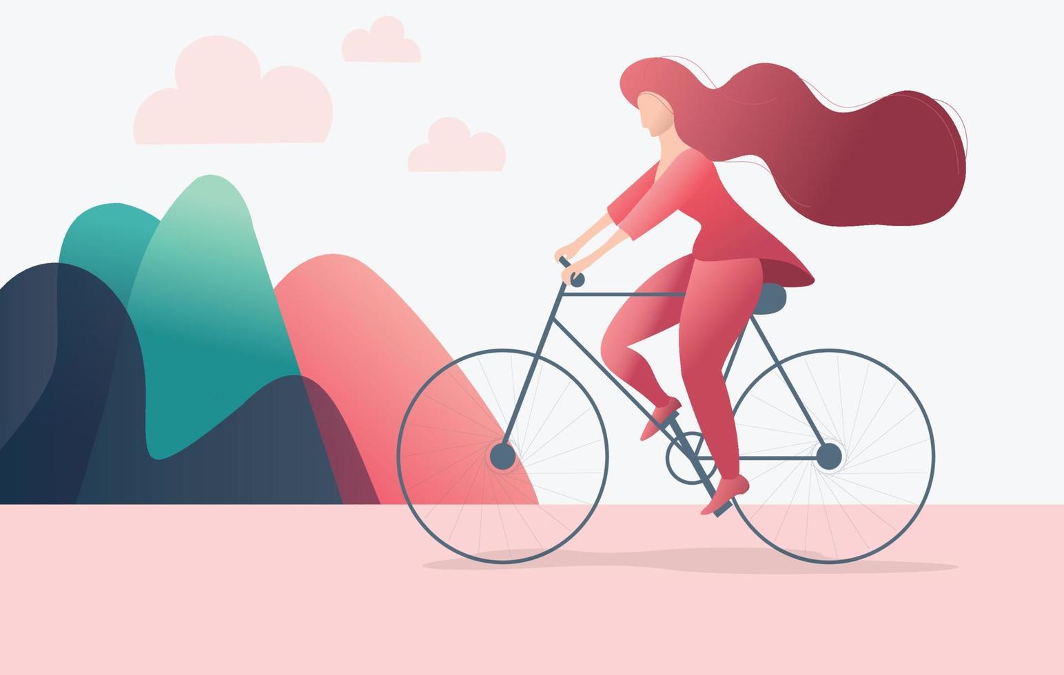 mujer joven montando su bicicleta. Ilustración de vector de personaje de dibujos animados de estilo plano colorido.