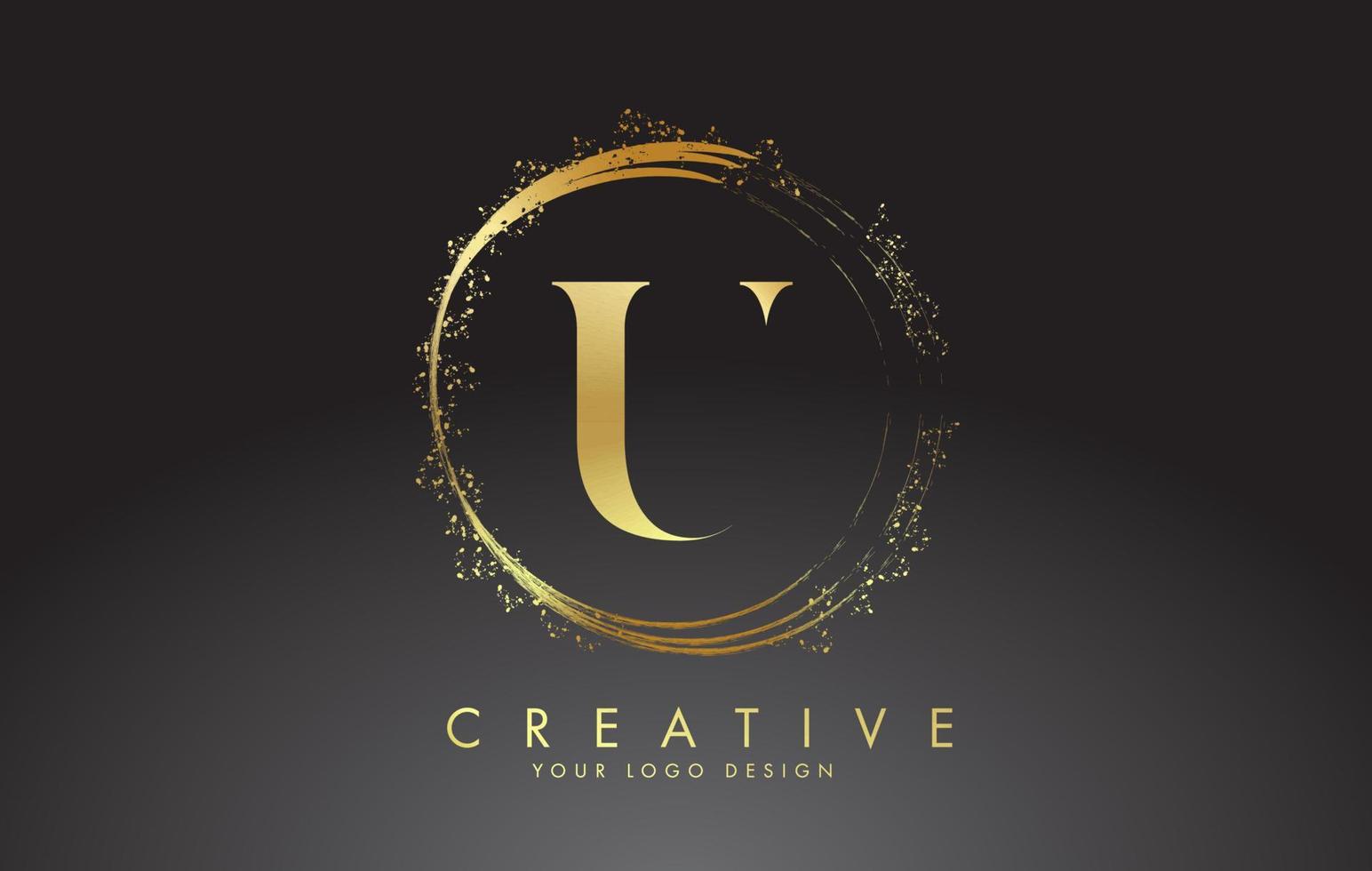 U golden letter logo with golden sparkling rings and dust glitter on a black background. Luxury decorative shiny vector illustration.