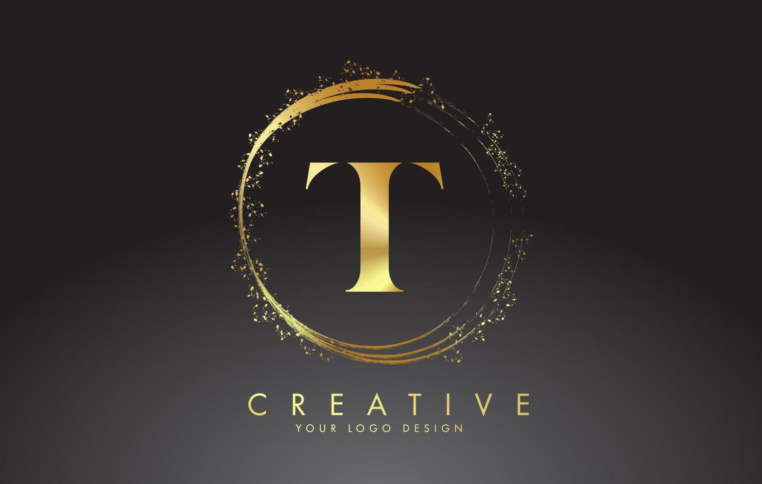 Logotipo de la letra t dorada con anillos dorados brillantes y brillo de polvo sobre un fondo negro. Ilustración de vector brillante decorativo de lujo.