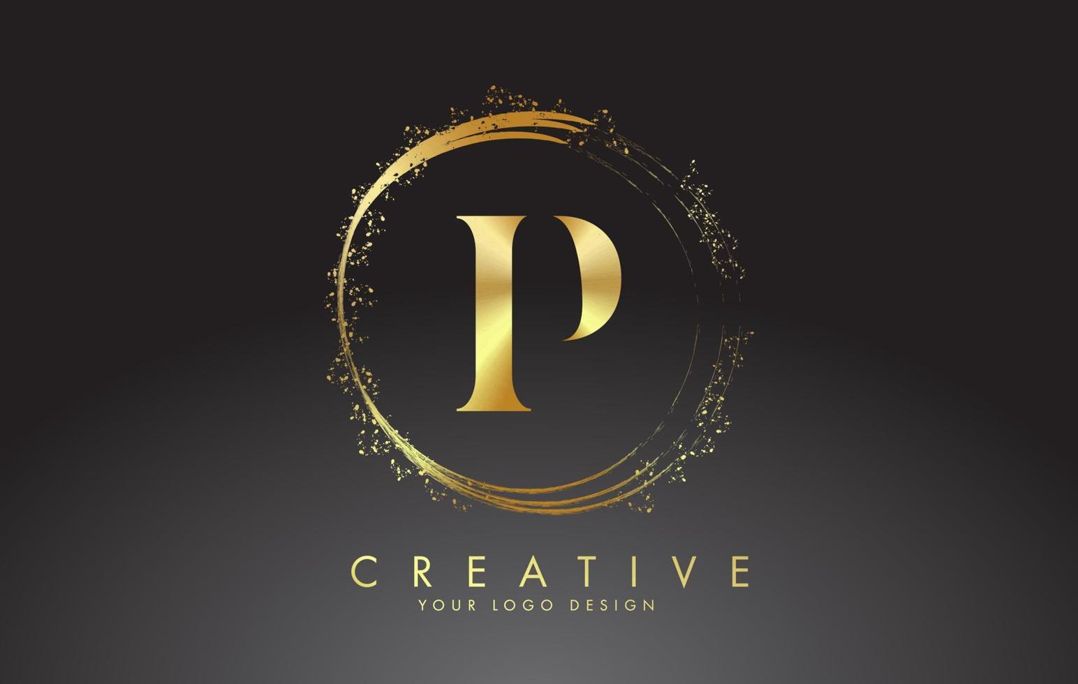 Logotipo de la letra p dorada con anillos dorados brillantes y brillo de polvo sobre un fondo negro. Ilustración de vector brillante decorativo de lujo.