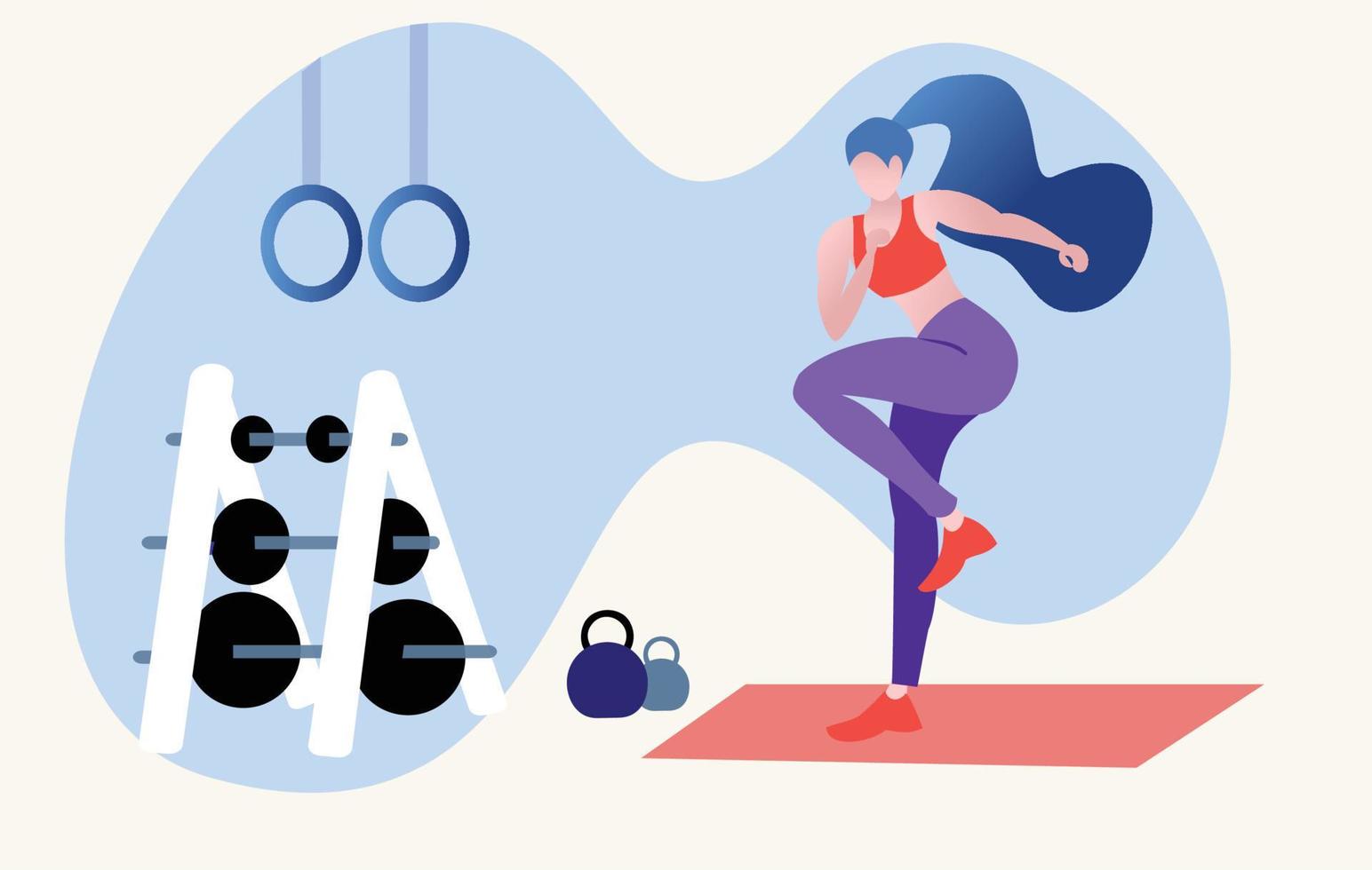 Woman doing fitness exercise at the gym. Flat colorful style cartoon character vector illustration.