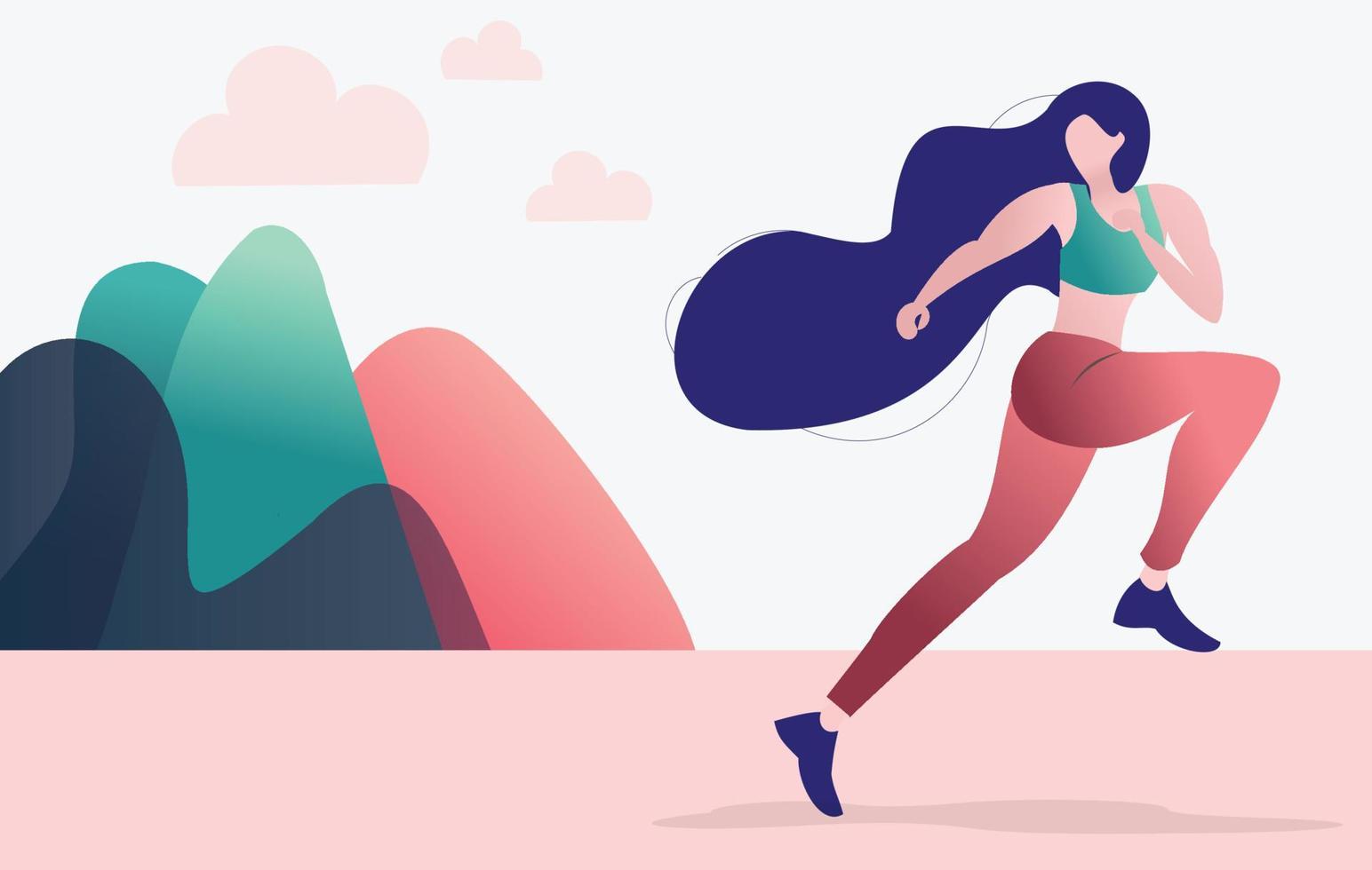 Sporty woman or girl jogging. Woman running outdoors. Flat colorful style cartoon character vector illustration.