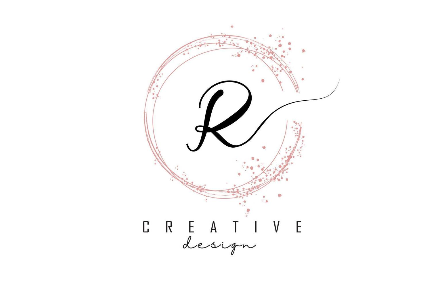 círculos brillantes y marco de brillo rosa polvo para el logotipo de la letra r manuscrita. vector