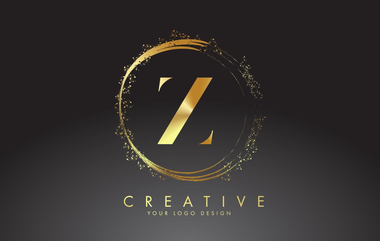 Logotipo de la letra z dorada con anillos dorados brillantes y brillo de polvo sobre un fondo negro. Ilustración de vector brillante decorativo de lujo.