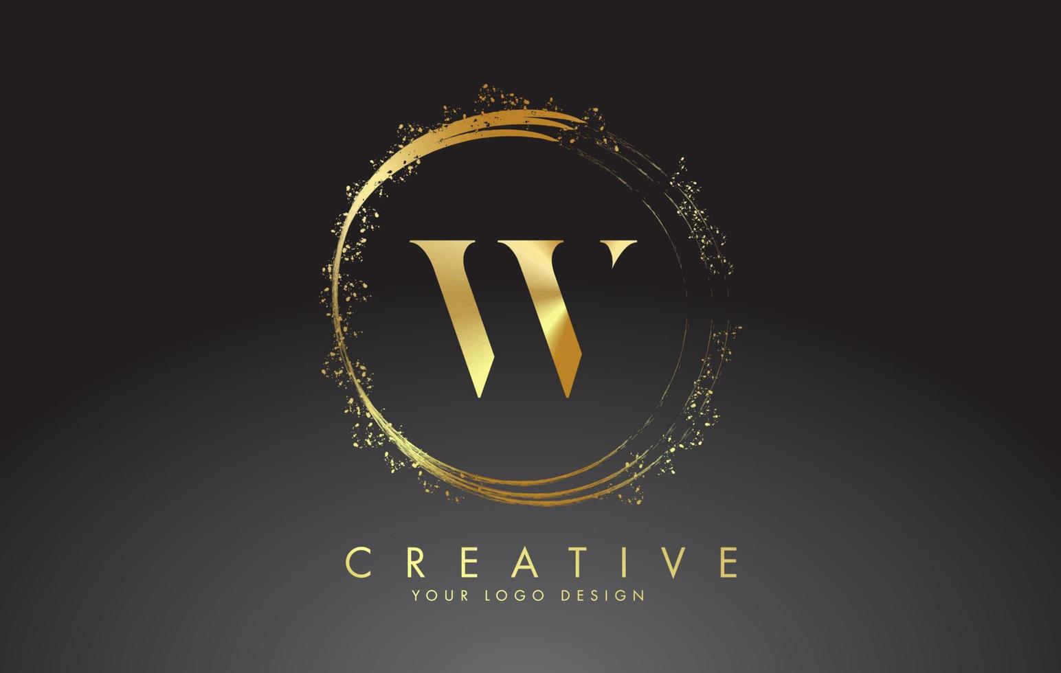 W golden letter logo with golden sparkling rings and dust glitter on a black background. Luxury decorative shiny vector illustration.