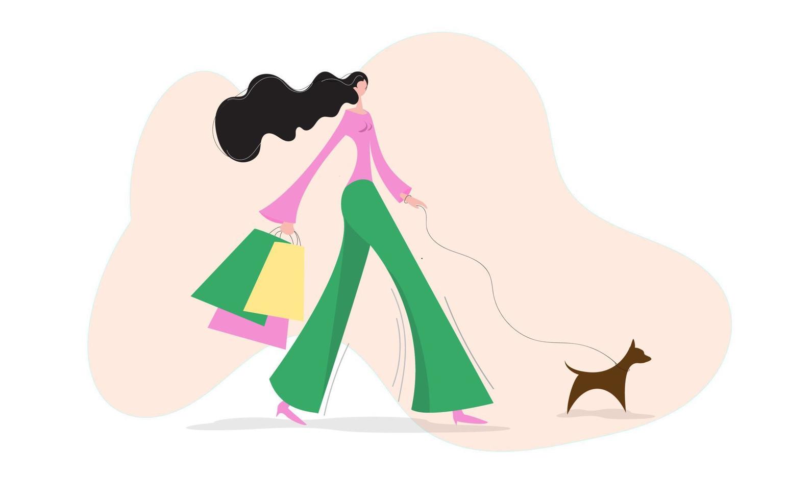 mujer de moda caminando con bolsas de la compra y un perro. Ilustración de estilo plano de vector de una dama de compras y caminar al aire libre.