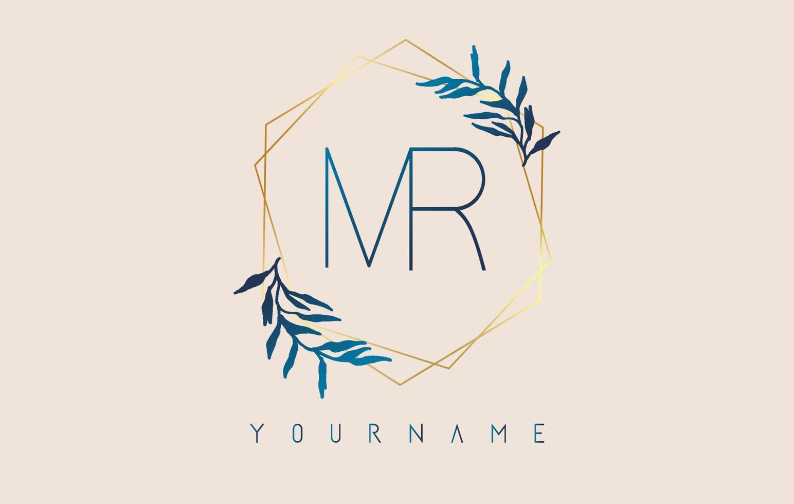 logotipo de letras mr mr con marcos de polígono dorado y diseño de hojas azules degradados. vector