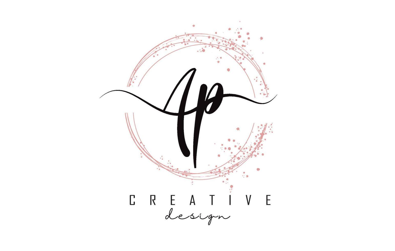 Handwritten AP a p letters logo with dust pink sparkling circles and glitter. vector