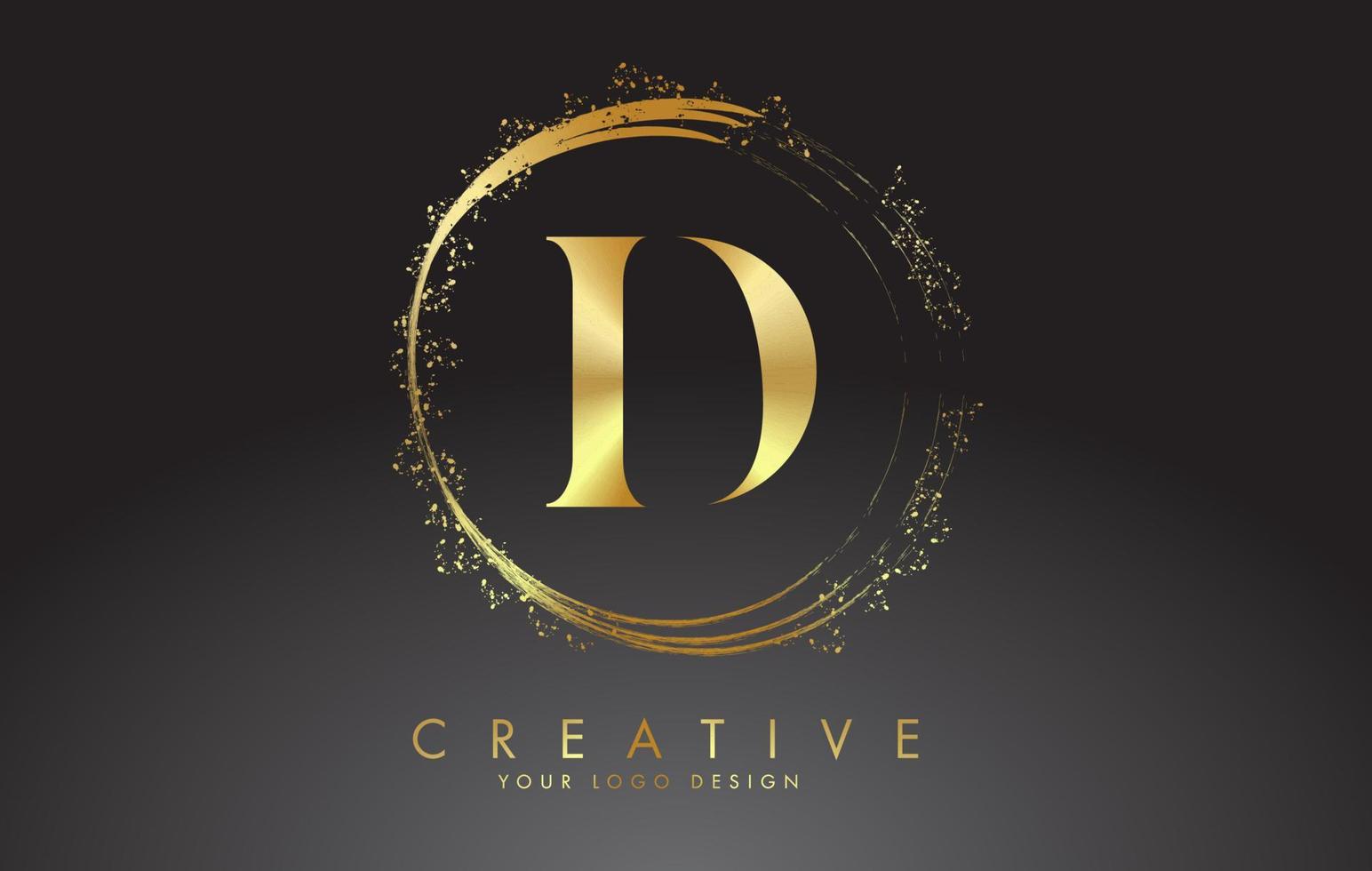 D golden letter logo with golden sparkling rings and dust glitter on a black background. Luxury decorative shiny vector illustration.