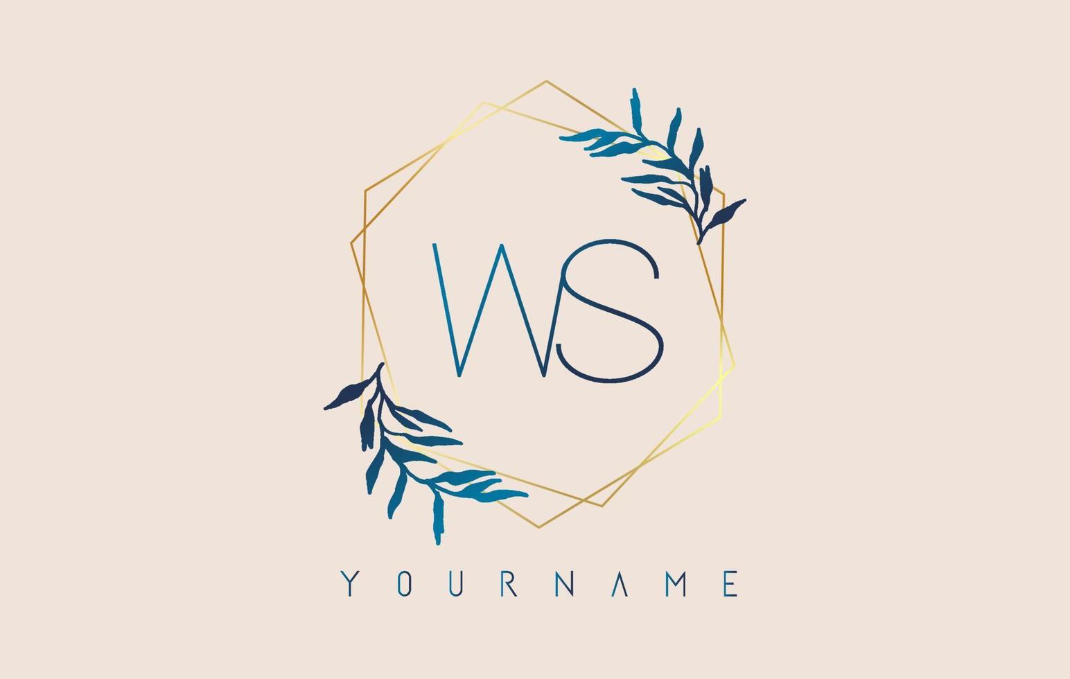 Letters WS w s Logo with golden polygon frames and gradient blue leaves design. vector