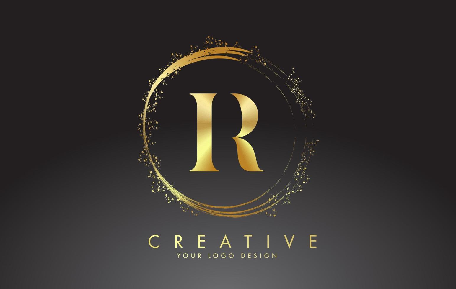 Logotipo de la letra r de oro con anillos dorados brillantes y brillo de polvo sobre un fondo negro. Ilustración de vector brillante decorativo de lujo.