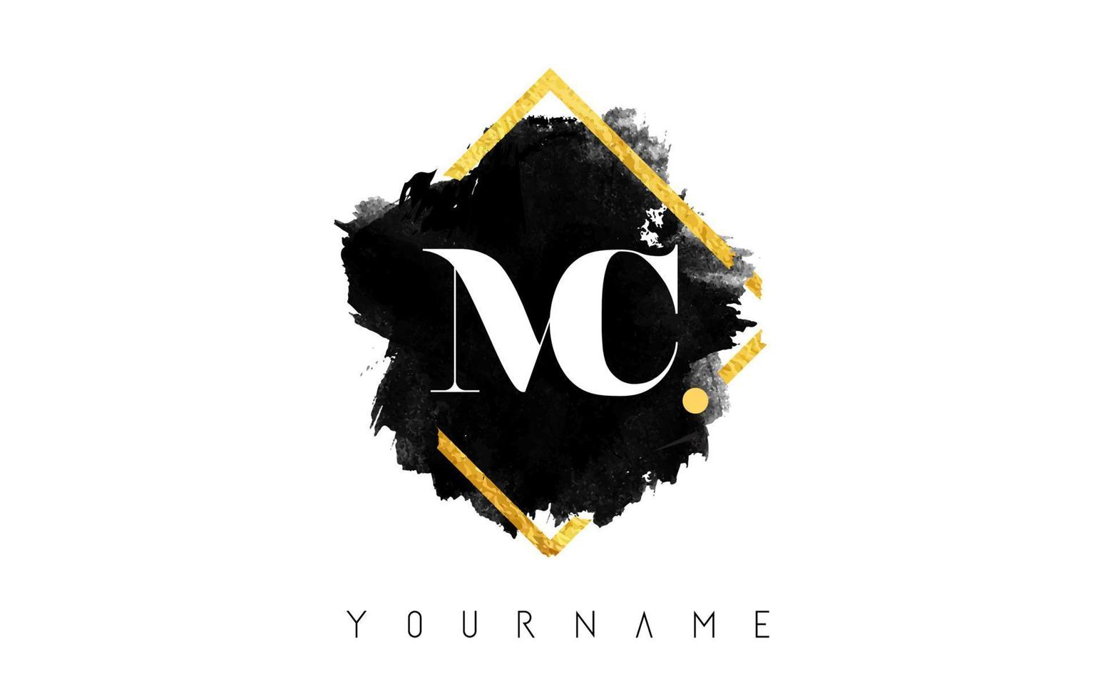 MC M C Letters Logo Design with Black ink Stroke over Golden Square Frame Vector. vector