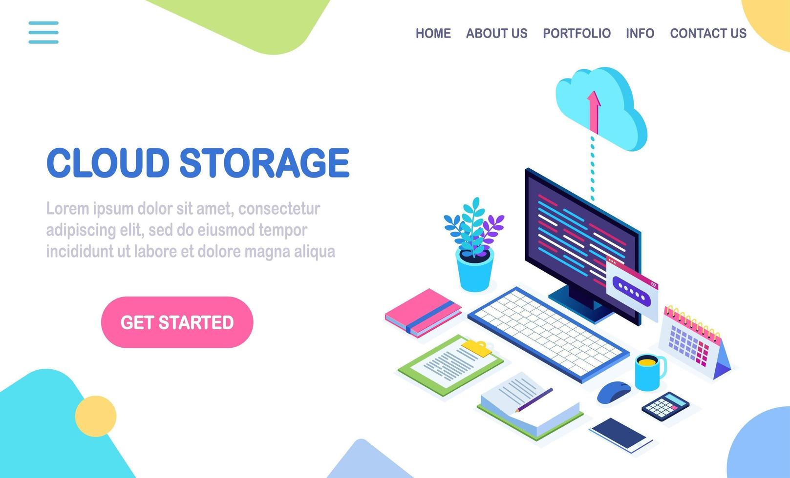 Cloud storage technology. Data backup. 3d isometric computer, pc with mobile phone isolated on background. Hosting service for website. Vector design for banner