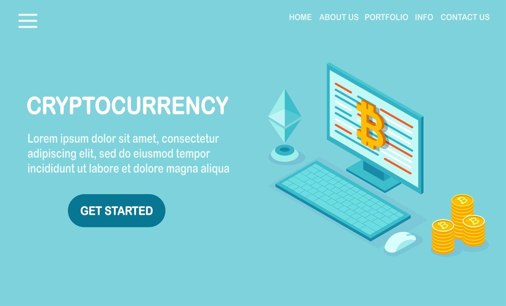 Cryptocurrency and blockchain. Mining bitcoins. Digital payment with virtual money, finance. 3d isometric computer, laptop with coin, token. Vector design for banner