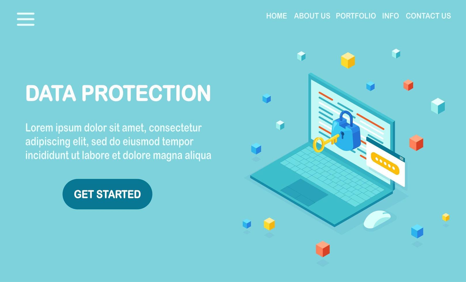 Data protection. Internet security, privacy access with password. 3d isometric computer pc, laptop with key, lock. Vector design for banner