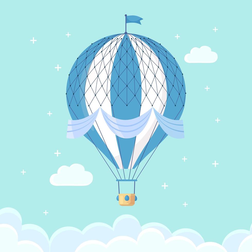 Globo de aire caliente retro vintage con canasta en el cielo aislado sobre fondo. diseño de dibujos animados de vector