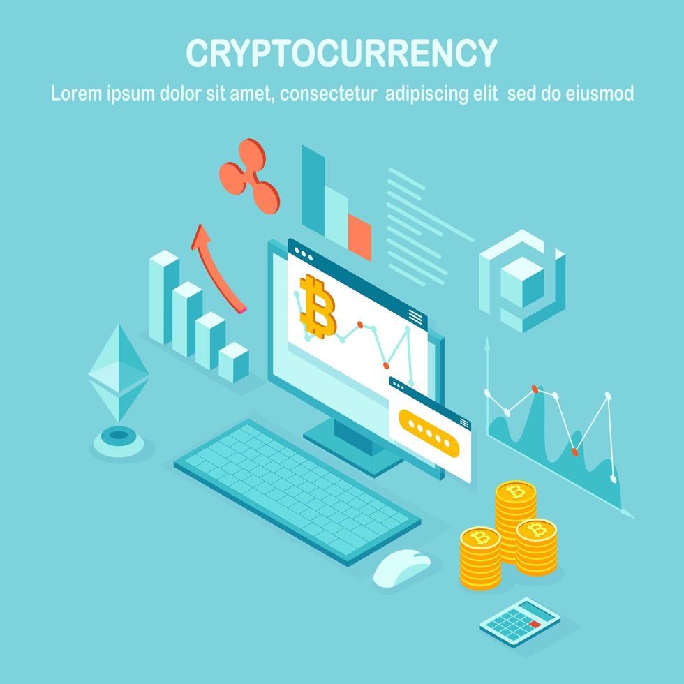 Cryptocurrency and blockchain. Mining bitcoins. Digital payment with virtual money, finance. 3d isometric computer, laptop with coin, token. Vector design for banner