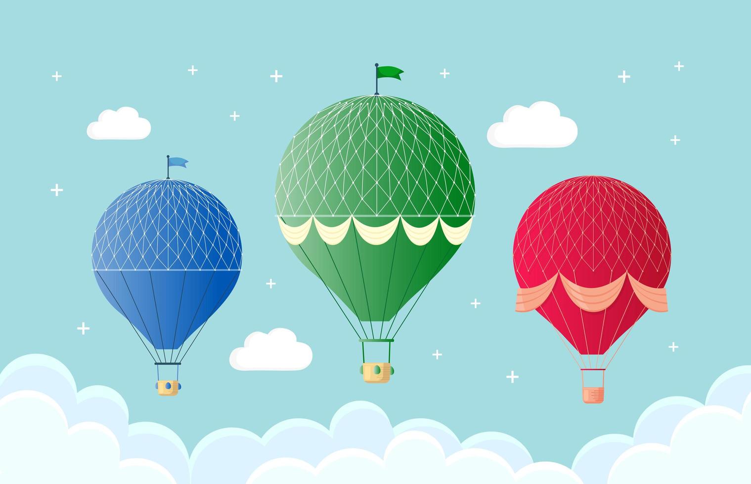 Conjunto de globo de aire caliente retro vintage con canasta en cielo aislado sobre fondo. diseño de dibujos animados de vector