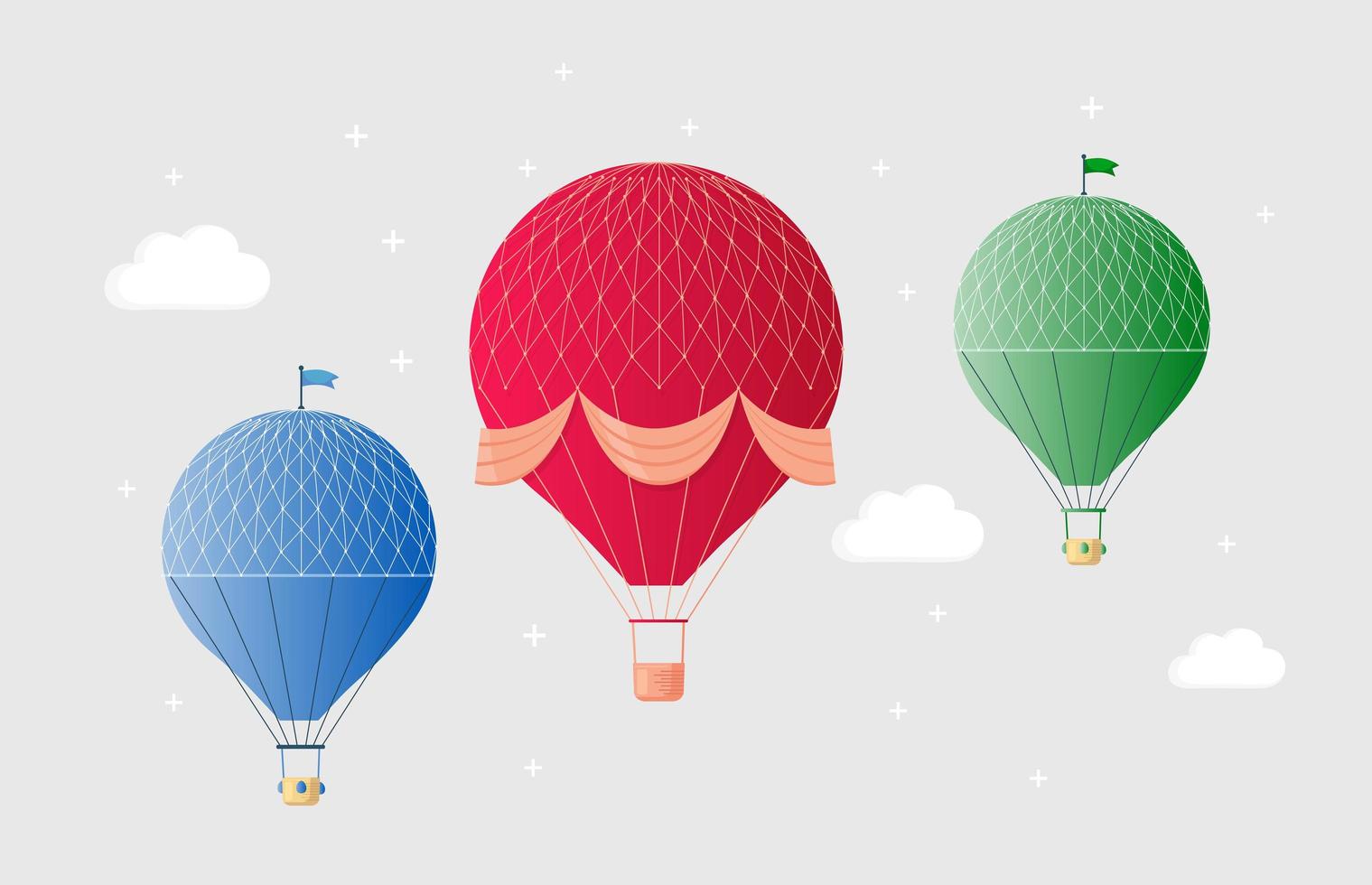 Conjunto de globo de aire caliente retro vintage con canasta en cielo aislado sobre fondo. diseño de dibujos animados de vector