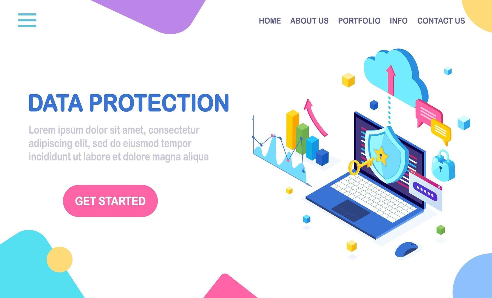 Data protection. Internet security, privacy access with password. 3d isometric computer pc with key, lock, shield, graph, chart. Vector design for banner