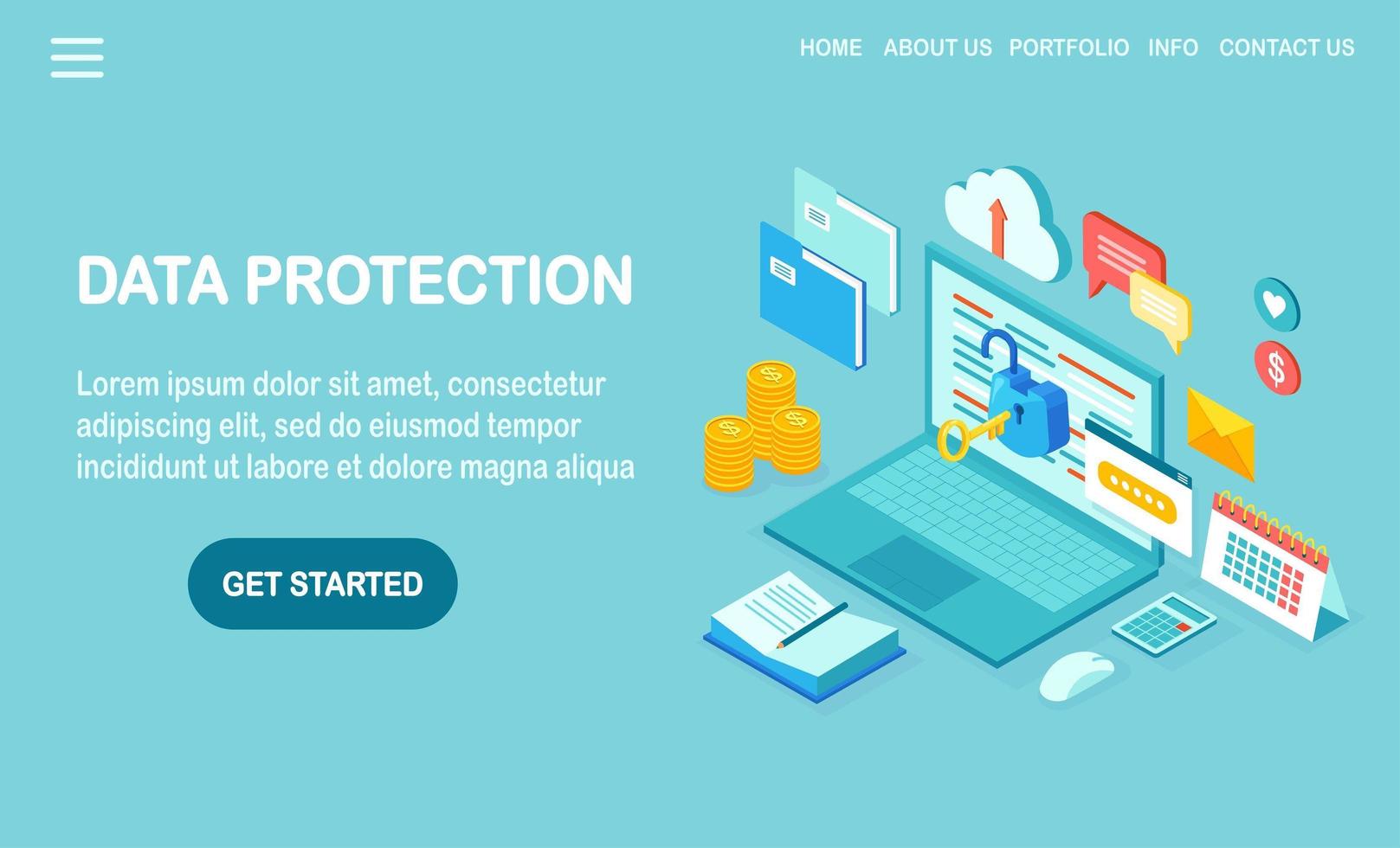 Data protection. Internet security, privacy access with password. 3d isometric computer pc with key, open lock, folder, cloud, documents, laptop, money. Vector design for banner