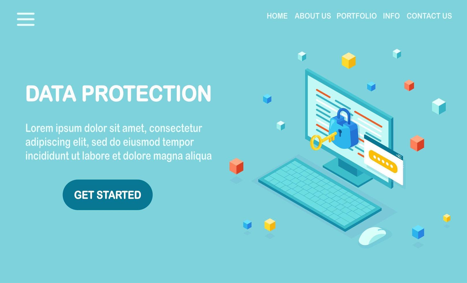 Data protection. Internet security, privacy access with password. 3d isometric computer pc with key, lock. Vector design for banner
