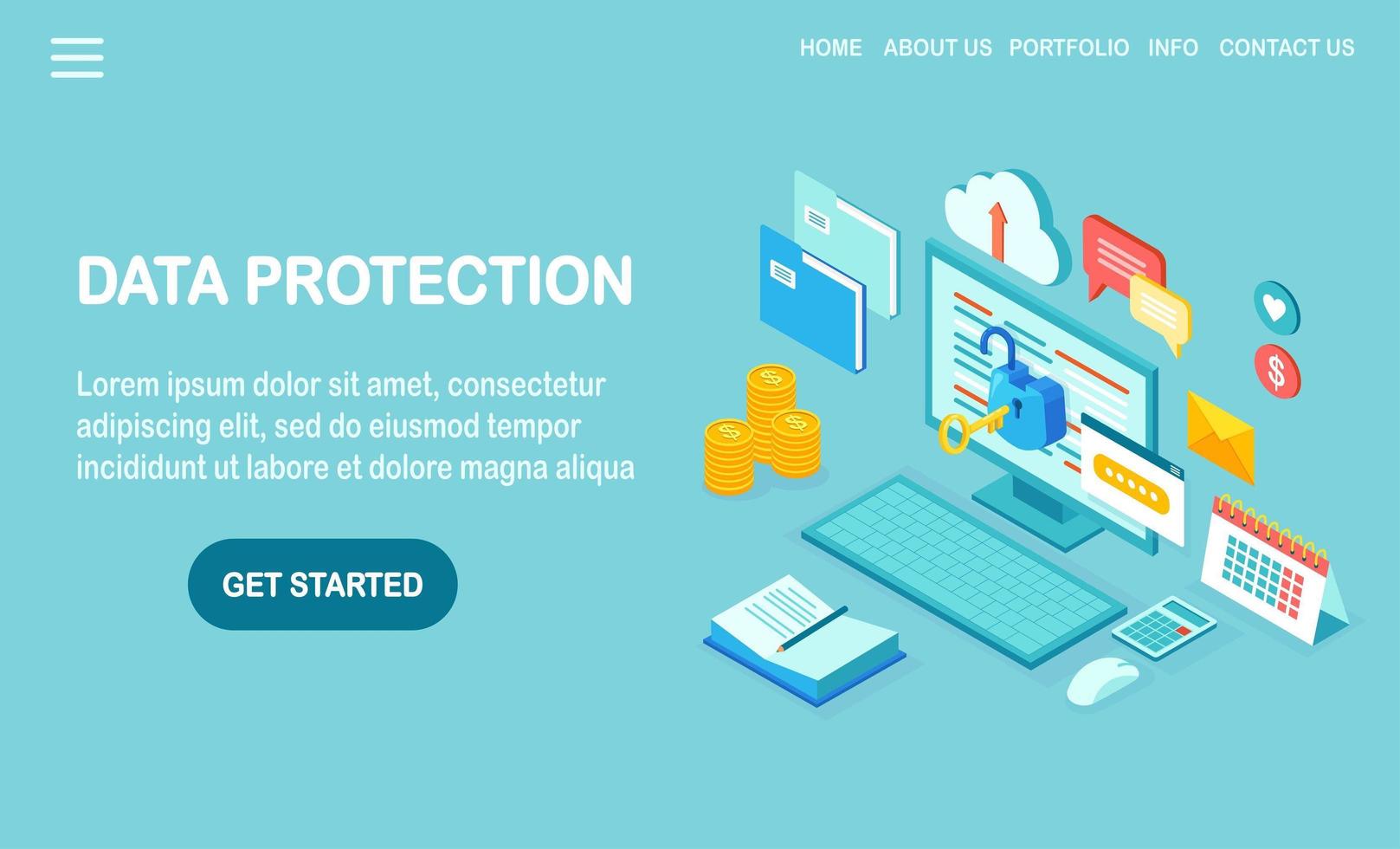 Data protection. Internet security, privacy access with password. 3d isometric computer pc with key, open lock, folder, cloud, documents, laptop, money. Vector design for banner