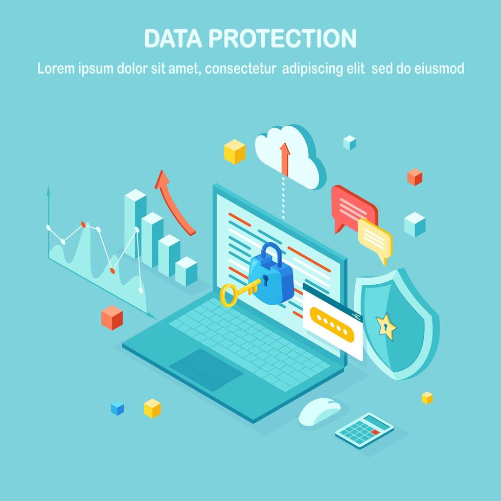 Data protection. Internet security, privacy access with password. 3d isometric computer pc with key, lock, shield, laptop, graph, chart. Vector design for banner