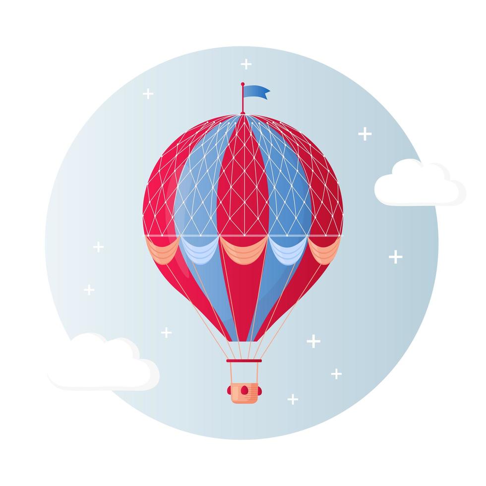 Globo de aire caliente retro vintage con canasta en el cielo aislado sobre fondo. diseño de dibujos animados de vector