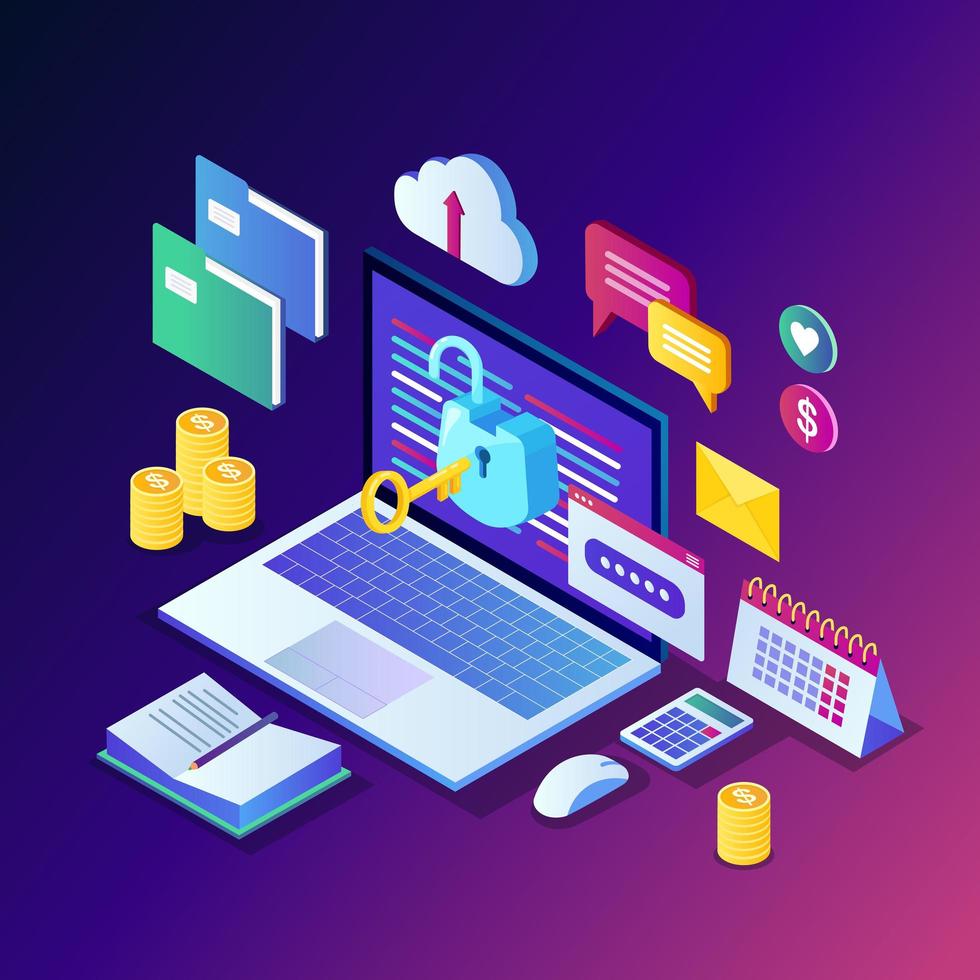 Data protection. Internet security, privacy access with password. 3d isometric computer pc with key, open lock, folder, cloud, documents, laptop, money. Vector design for banner