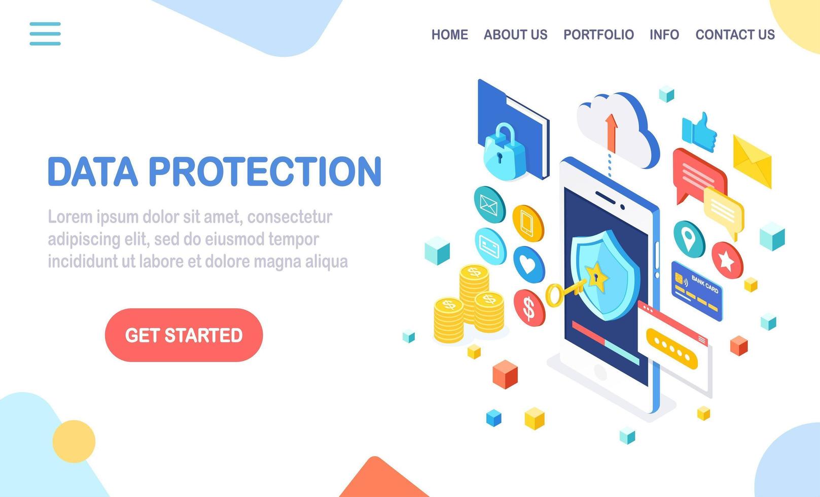 protección de Datos. seguridad en internet, acceso a la privacidad con contraseña. Teléfono móvil isométrico 3d con llave, escudo, candado, carpeta, nube, documentos, tarjeta de crédito, dinero, mensaje. diseño vectorial para banner vector