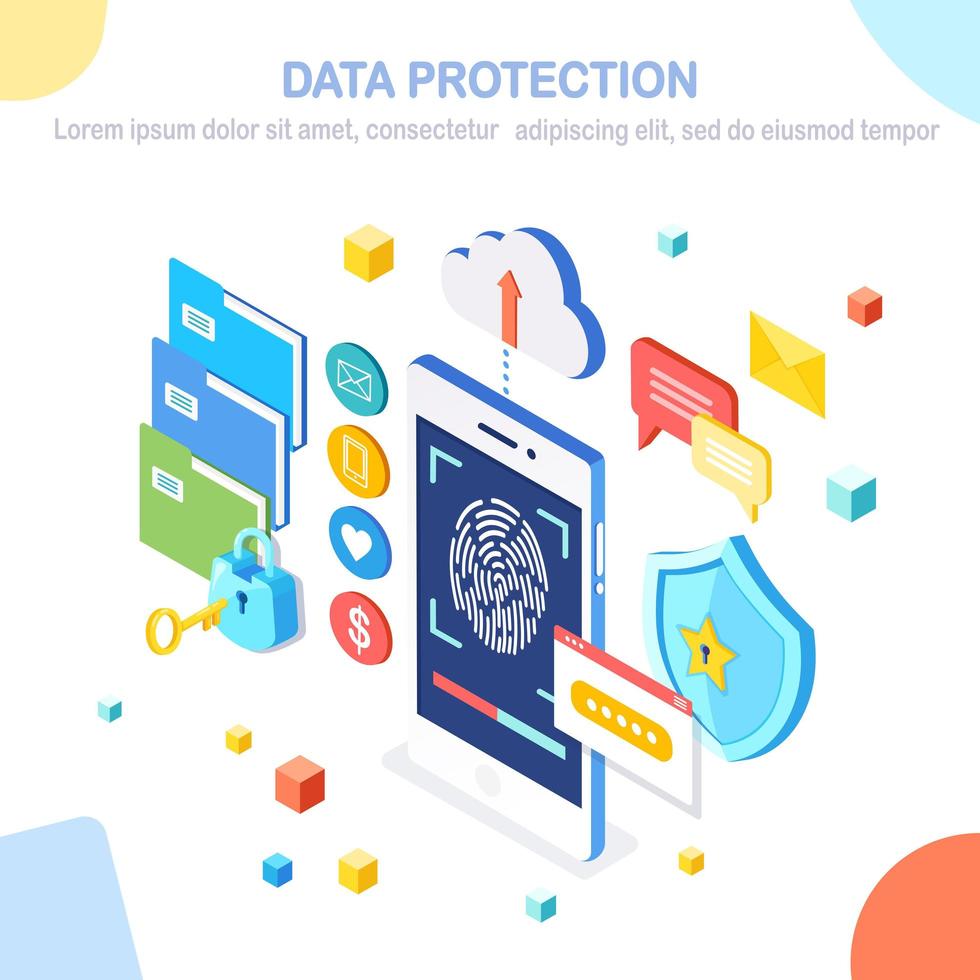 Data protection. Scan fingerprint to mobile phone. Smartphone id security system. Digital signature. Biometric Identification technology, personal access. 3d isometric lock, key, shield. Vector design