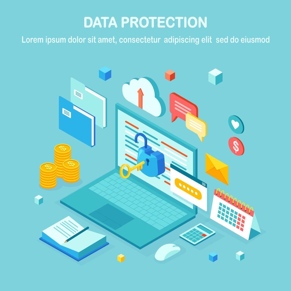 Data protection. Internet security, privacy access with password. 3d isometric computer pc with key, open lock, folder, cloud, documents, laptop, money. Vector design for banner