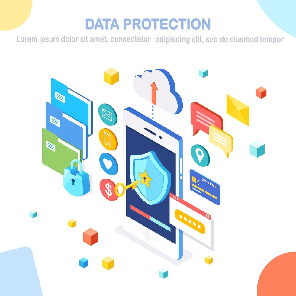 protección de Datos. seguridad en internet, acceso a la privacidad con contraseña. Teléfono móvil isométrico 3d con llave, escudo, candado, carpeta, nube, documentos, tarjeta de crédito, dinero, mensaje. diseño vectorial para banner vector