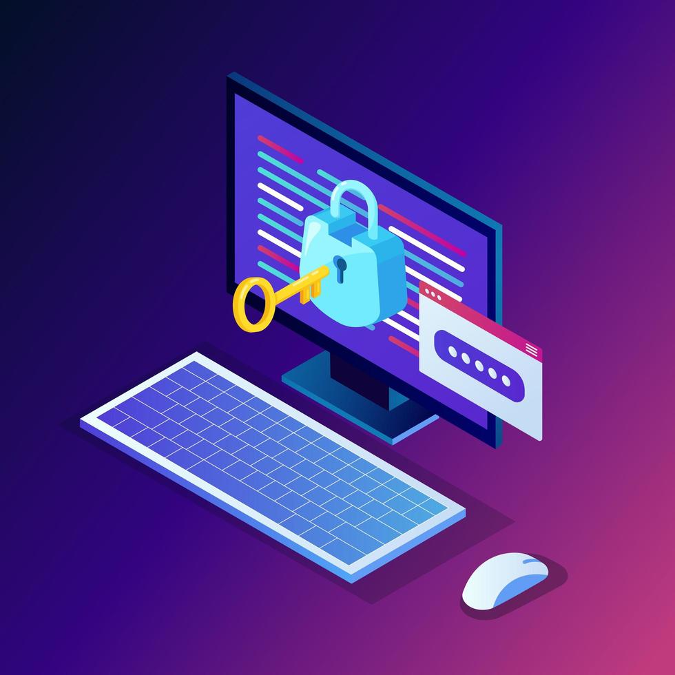 Data protection. Internet security, privacy access with password. 3d isometric computer pc with key, lock. Vector design for banner