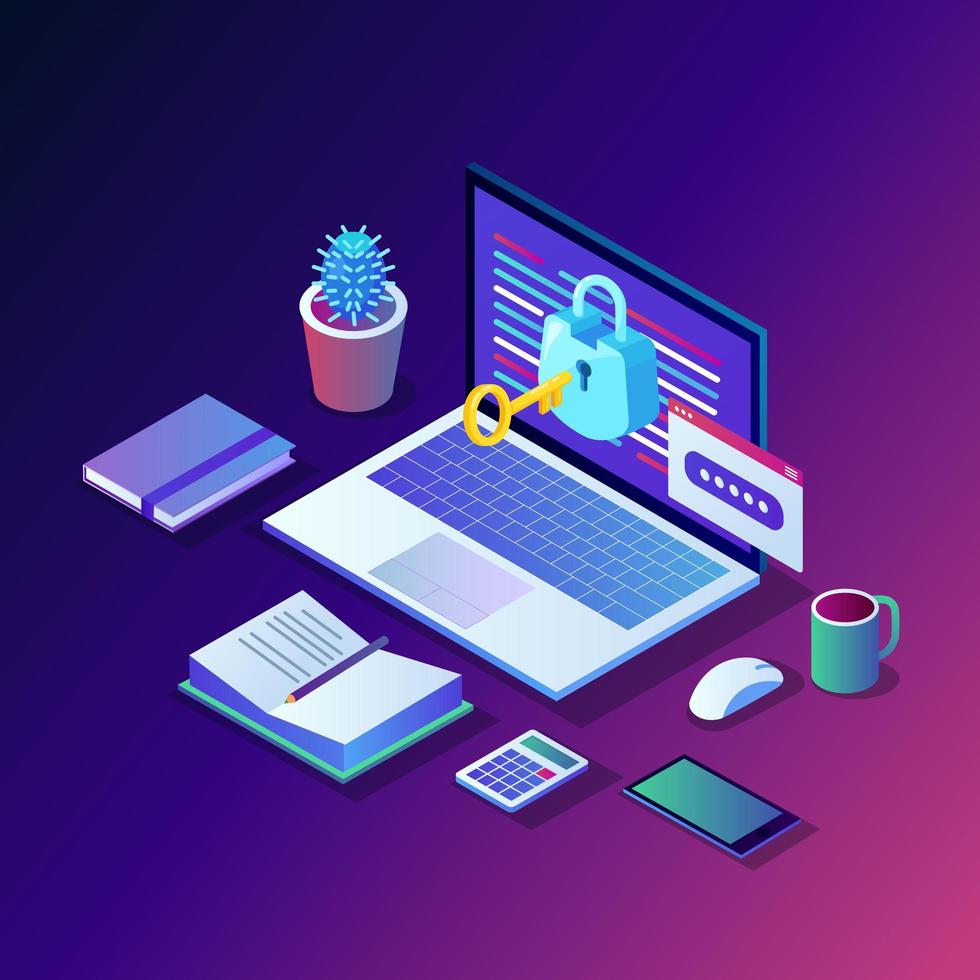 Data protection. Internet security, privacy access with password. 3d isometric computer pc with key, lock. Vector design for banner