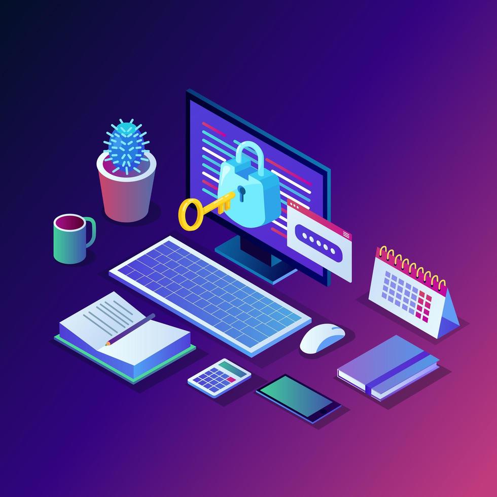 Data protection. Internet security, privacy access with password. 3d isometric computer pc with key, lock. Vector design for banner