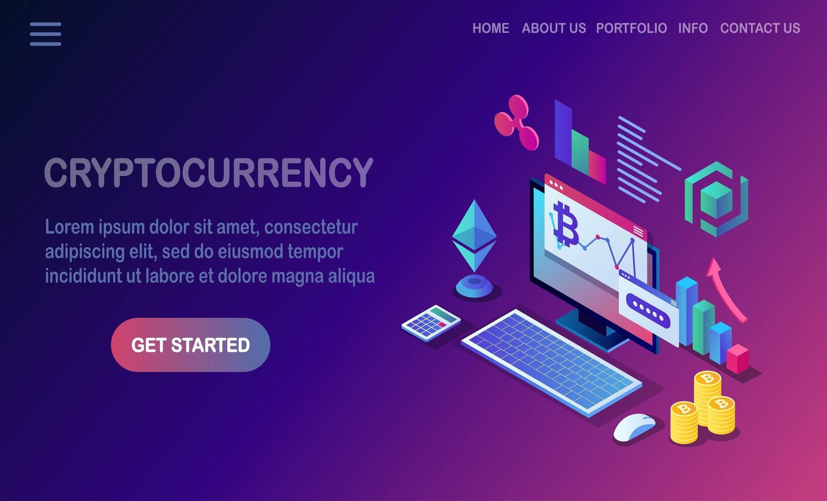 Cryptocurrency and blockchain. Mining bitcoins. Digital payment with virtual money, finance. 3d isometric computer, laptop with coin, token. Vector design for banner