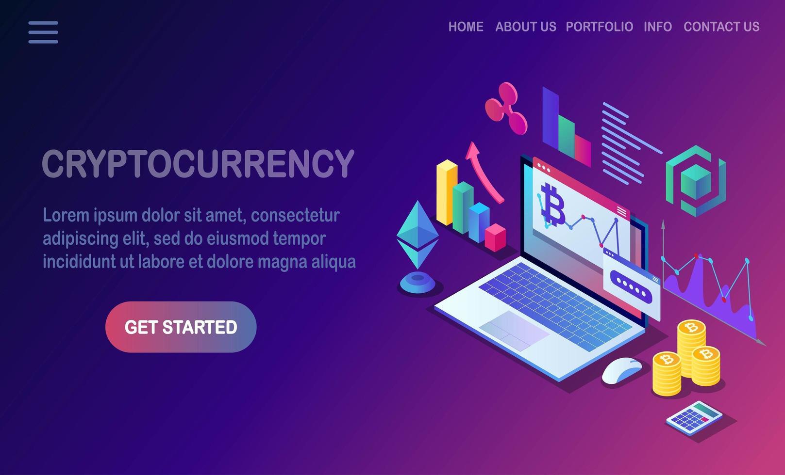 Cryptocurrency and blockchain. Mining bitcoins. Digital payment with virtual money, finance. 3d isometric computer, laptop with coin, token. Vector design for banner