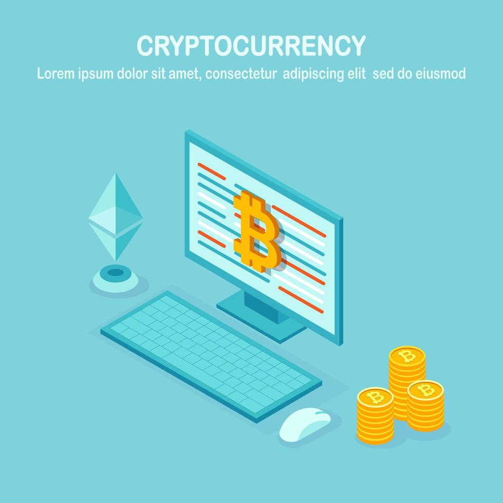 Cryptocurrency and blockchain. Mining bitcoins. Digital payment with virtual money, finance. 3d isometric computer, laptop with coin, token. Vector design for banner